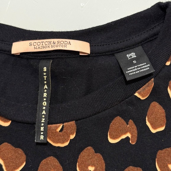 Scotch & Soda Stargazer Top Womens Sz S Black Cotton Leopard Print Tee Pullover - Picture 5 of 9